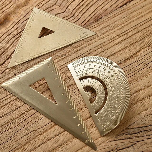 Retro Brass Straight Rulers Centimeter Inches Metal Triangle Ruler Protractor Stationery Measuring Tool School Office Supplies 6