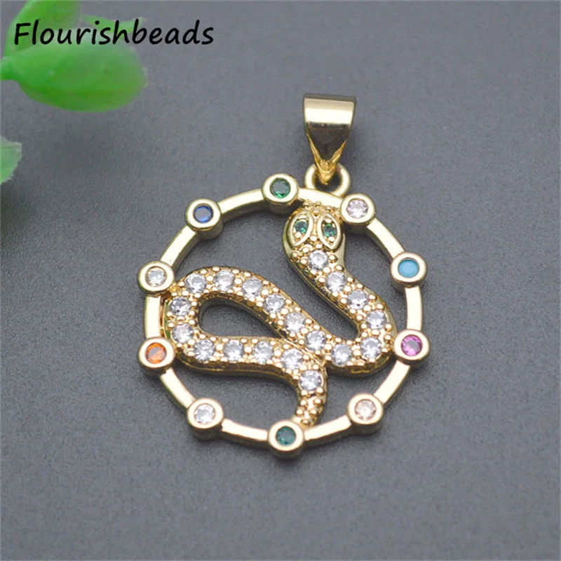

New Style Nickel Free Anti Fading Gold Plated Colorful Cz Pave Round Snake Charms Pendants for Jewelry Necklace Making 20pcs
