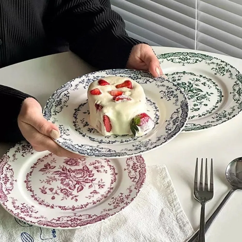 Set da Pranzo Retrò Nordico con Motivo Floreale, Piatto in Ceramica Elegante, Piatto Poco Profondo di Lusso Raffinato per Ristorante - immagine 5