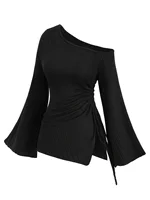 European and American fashion plus-size women's spring and autumn asymmetric tail long-sleeve off-shoulder T-shirt