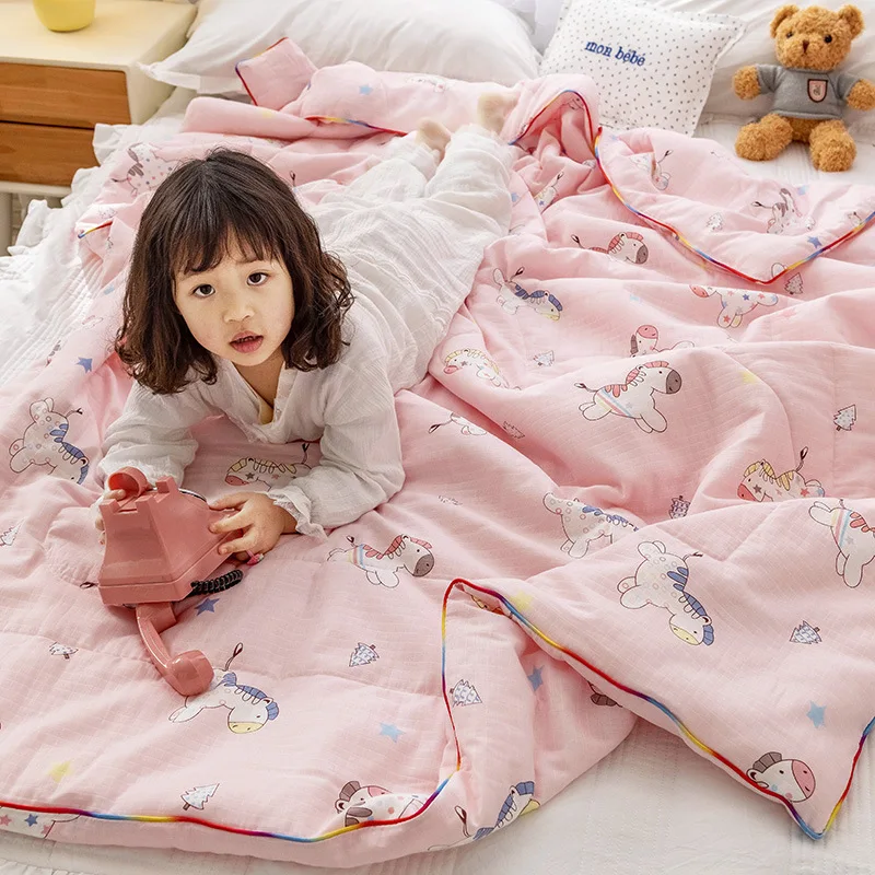 Children's Kindergarten Summer Quilt Soft Cotton Cartoon Air-conditioning Quilt Waffle Double-layer Breathable Yarn Baby Bedding