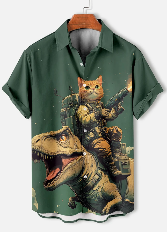 Camicia Uomo Con Stampa Gatto – Manica Corta, Colletto A Risvolto, Regular Fit, 95% Poliestere 5% Elastan