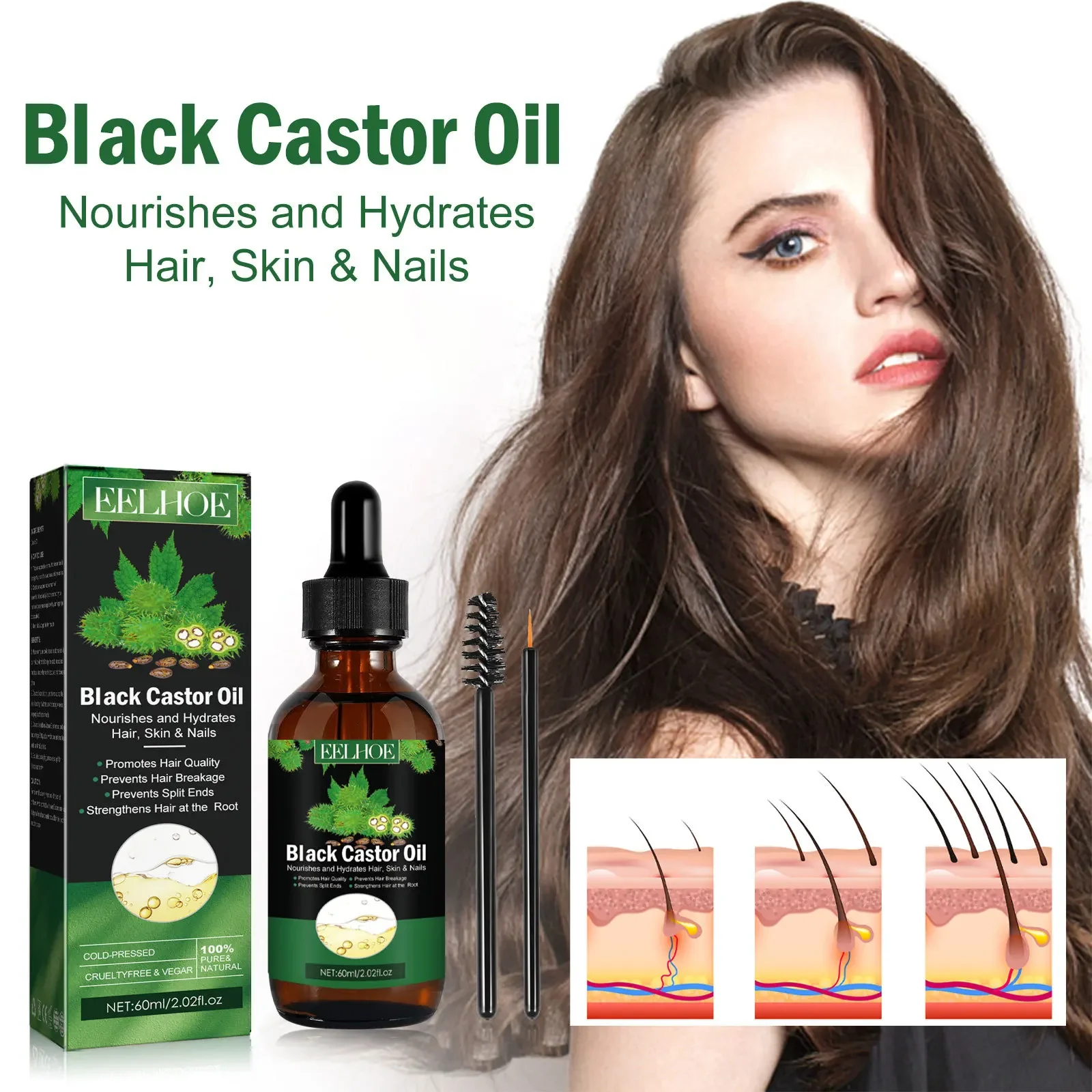 60ml Eelhoe Castle Oil Dense Hair Liquid Moisturizing Repair Hair Root Solid Hairs Soft and Strong Hair Care Essential Oil