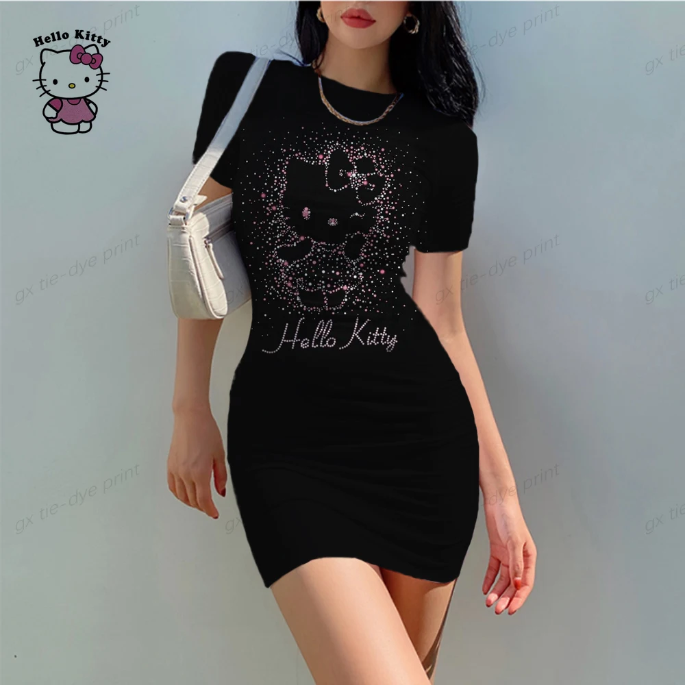 2024 Hello Kitty Cute Cartoon Cosplay Print Manica Corta Sexy Night Club Vestito Stretto Summer Fashion Bag Hip Beach Party Dress