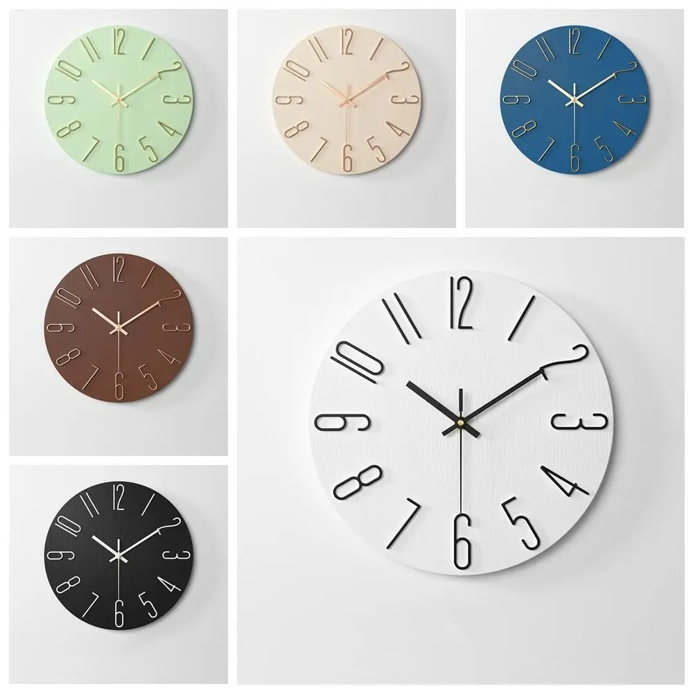 Nordic Fashion 12inch Wall Hanging Clock Silent Round Shape Wood Grain Clock Easy Installation 3D Number Scale Clock Bedroom