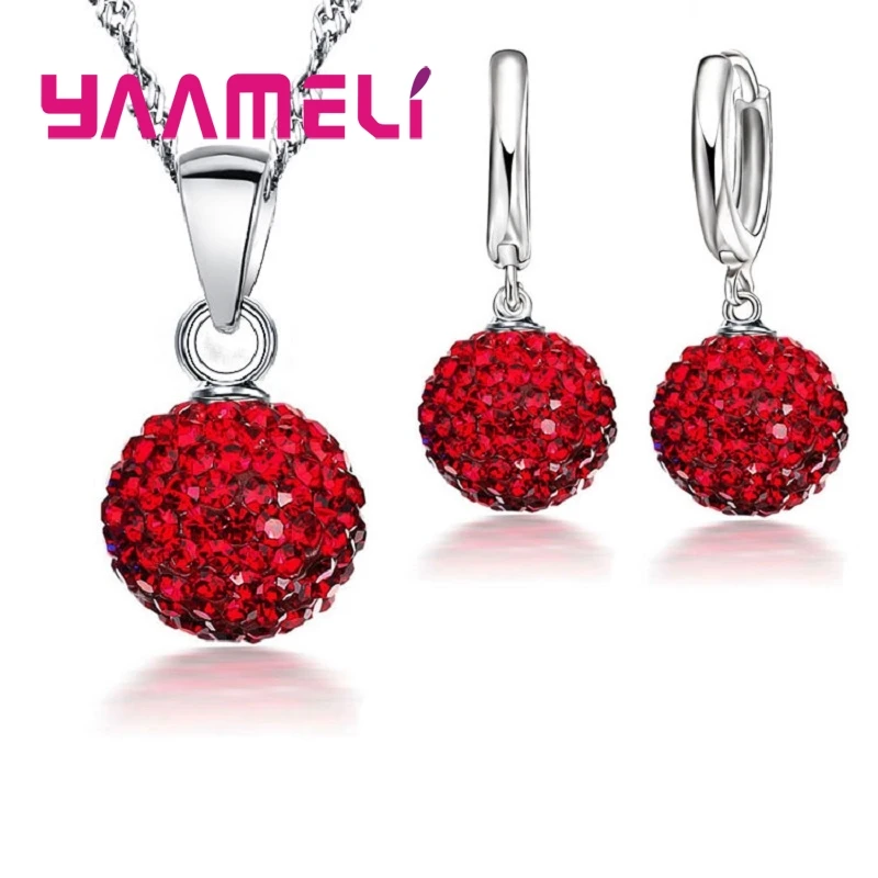 925 Sterling Silver Jewelry Sets Women Girls Wedding Gifts Austrian Crystal Paved CZ Disco Ball Necklace Hoop Earrings