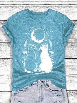 Mystical Moon Cats Women's Tee - Witchy Celestial Graphic, Casual Turquoise Top 1