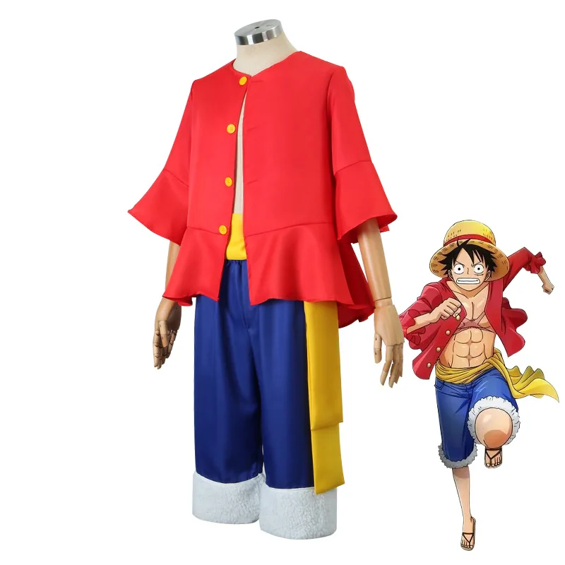 One Piece Monkey D. Rufy Costumi Cosplay con cappello Sandali paglia Outfit  Bambini adulti Costume anime Rufy Set completo Vestiti Halloween Suit per