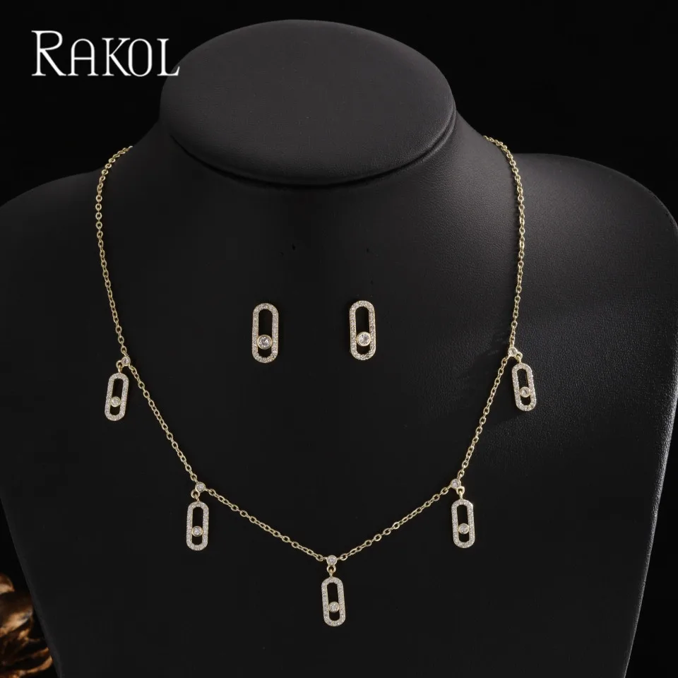 RAKOL أنيق هندسي ورقة كليب الزركون قلادة قلادة أقراط للنساء الرجال الذهب الفضة اللون بيان طقم مجوهرات هدايا