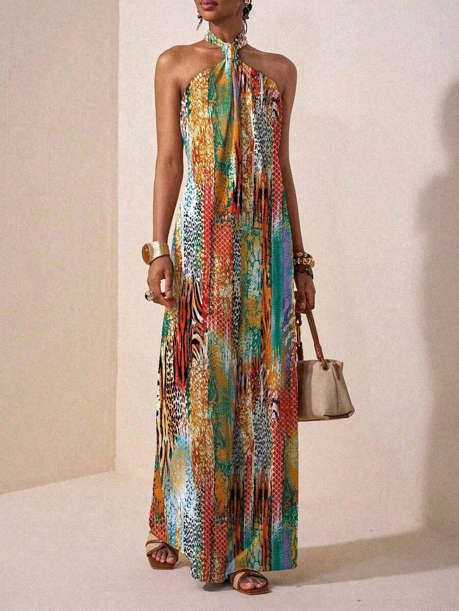 Damen-Maxikleid mit Neckholder-Ausschnitt, rückenfrei, bedruckt, lockere Passform, ärmellos, Bohemian-Stil, Freizeitkleid, Frühling, Sommer, Urlaub, Strand-Outfit