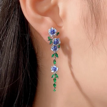Hu Flower Dangle Earrings Women Temperament Blue Trumpet Flower Long Earrings