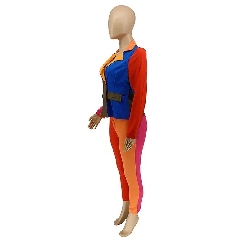 Indie Contrast Colors Blazer Women Patchwork V-Neck Single Button Casual Office Blazer with Fake Pocket Plus Size New Work Wear