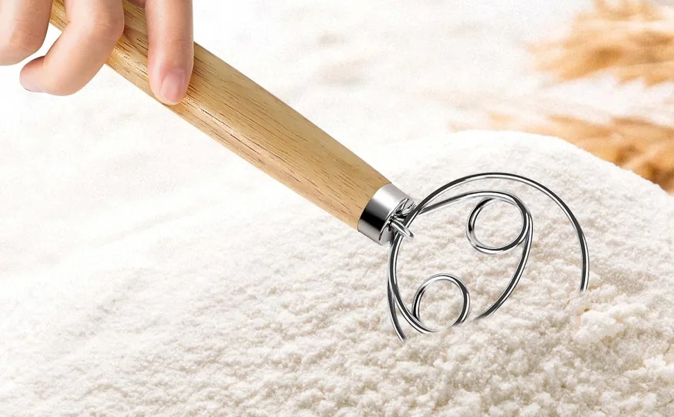 Description Picture 3 of itemDough Mixer Wooden Handle 430 Stainless Steel Bread Dough Whisk Bread Baking Bread Pastry & Pizza Dough Mixer Accessories Tools