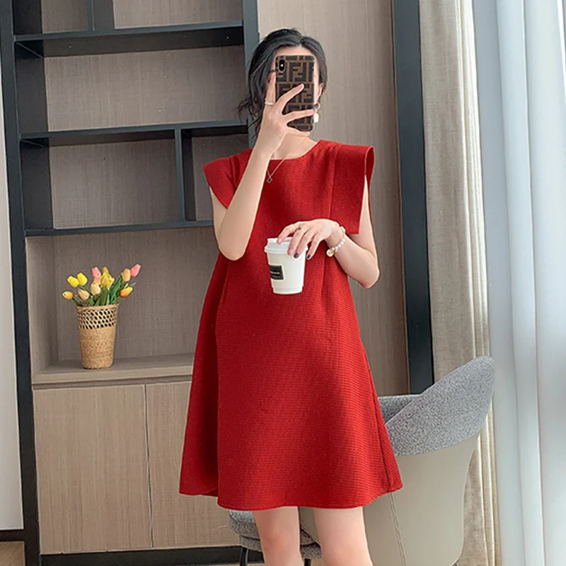 

Korean Style Maternity Red Dress Petal Sleeve A-line Dress Short Pregnant Woman Sleeveless Mini Sundress Pregnancy Party Dress