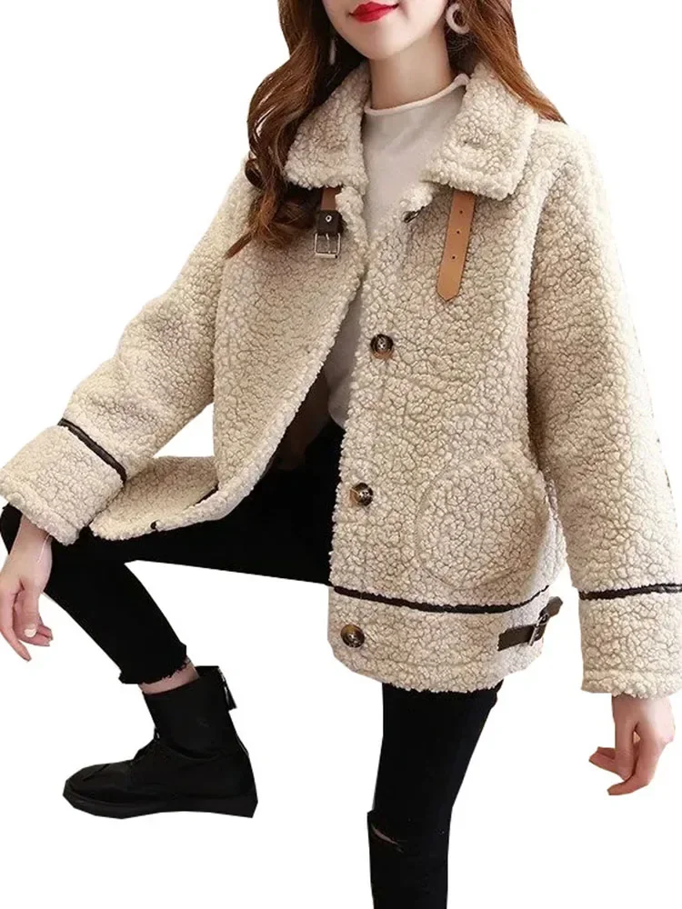 

Women 2023 Spring lamb fleece sweater Coat New Female Thicken Warm Jacket Loose Casual all-match thick fur one plush Cardigans