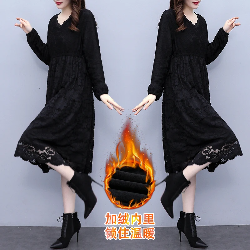 

European Design Clothes Women Hollow Out Crochet Velvet Basic Warm Office Lady Belly Black Lace Vintage Retro Tunic Peplum Dress