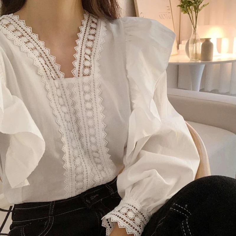 New Fashion V-neck Ruffled Bubble Sleeves Women's Long-sleeved White Shirt Elegant Casual Office Top Pullover Shirt