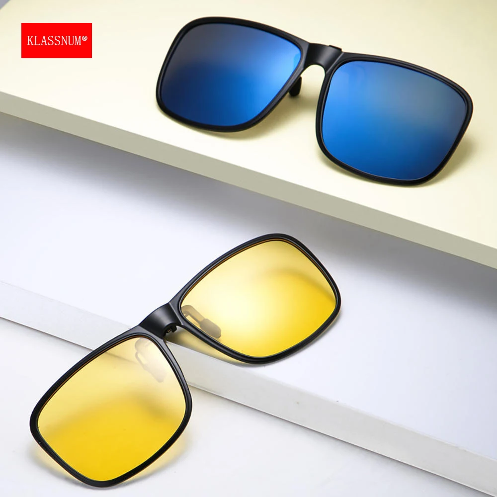 Clip On Square Polarized Sunglasses with Night Vision Lens KLASSNUM Men Covers Flip-up Frames Blue 2025