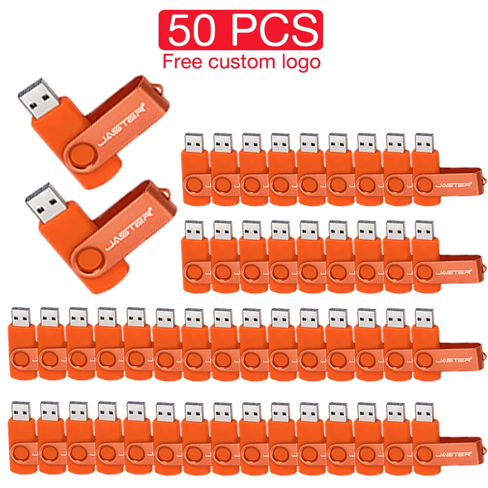 

JASTER 50 PCS LOT USB Flash Drive 128GB Free Custom Logo Memory Stick 64GB Rotatable PenDrive 32GB Orange USB Stick 16GB 8GB 4GB