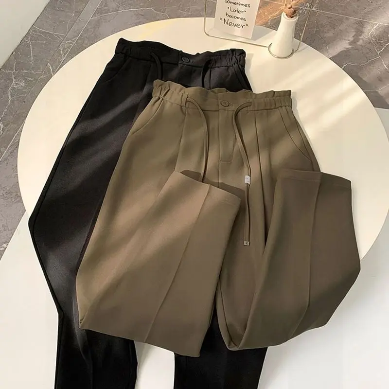 Spring Autumn New Solid Color Fashion Elastic Waist Wide Leg Trousers Women High Street Drawstring Pockets Elegant Straight Pant