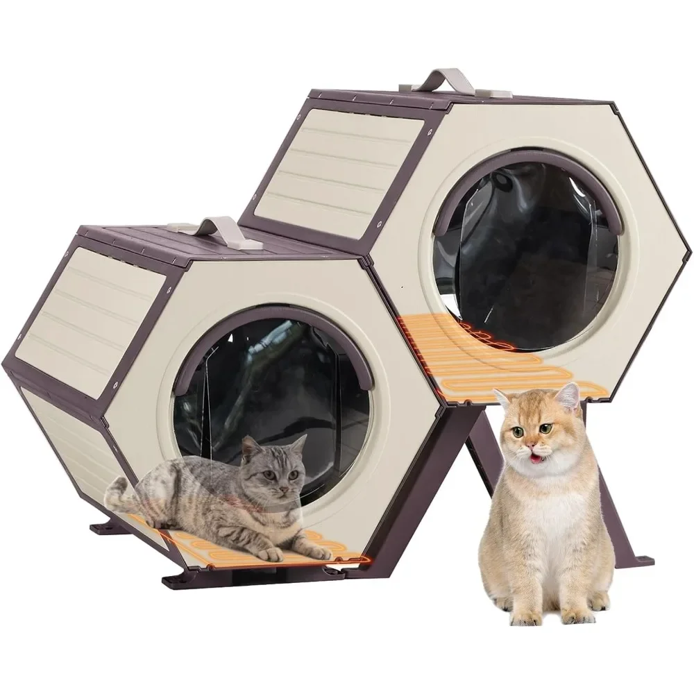 Outdoor Heated Cat House, Heater Insulated Feral Cat Shelter with Adjustable Temperature and Time House with Escape Door