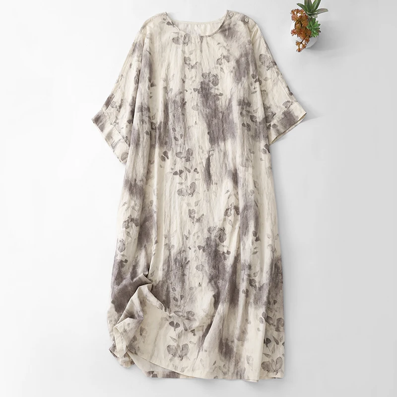 

2024 Linen Cotton Printed Dress Women Summer Loose Japanese Style Casual Short Sleeve Travel Holiday Dress Female Clothing F394