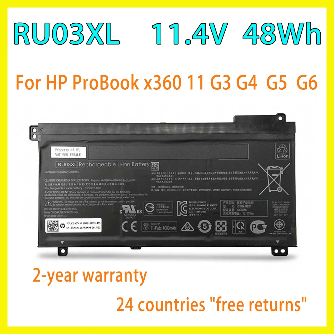 

New RU03XL Laptop Battery For HP ProBook X360 11 G3 G4 G5 G6 440 G1 Series HSTNN-LB8K HSTNN-UB7P HSTNN-IB8P L12791-855 48Wh