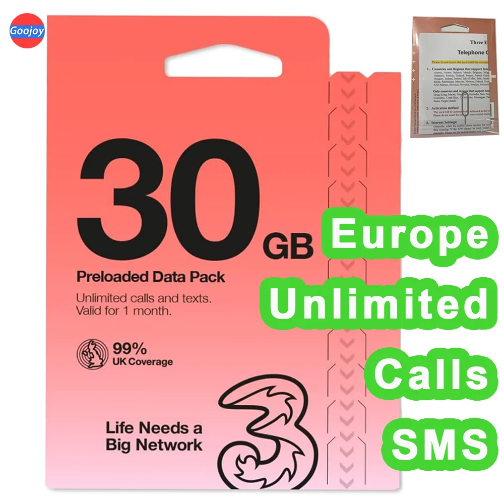 Europe 30Days UK Three Sim Card，UK 10 - 200GB Data (Europe 6 / 12 / 18GB Data)，Unlimited Talk & Texts，5G Free Roaming Europe