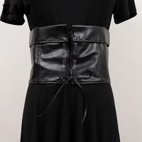 [EAM] Pu Leather Black Bandage Wide Elastic Belt Personality Women New Fashion Tide All-match Spring Autumn 2026 1DH8687