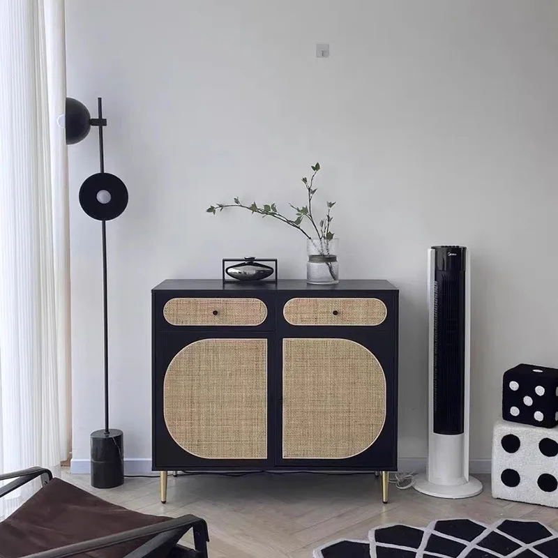 

Nordic Rattan Living Room Cabinets Originality Japandi Light Luxury Storage Cabinet Vintage Handles Black Vitrine Home Furniture