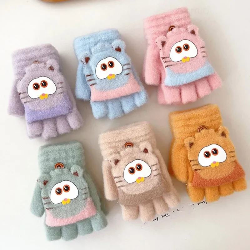 Cute Children Half Finger Gloves Autumn Winter Flip Cover Warm Boy Girl Student Mittens Cartoon Kids Writing Cycling Gloves 4-8Y 1