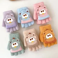 Cute Children Half Finger Gloves Autumn Winter Flip Cover Warm Boy Girl Student Mittens Cartoon Kids Writing Cycling Gloves 4-8Y 1