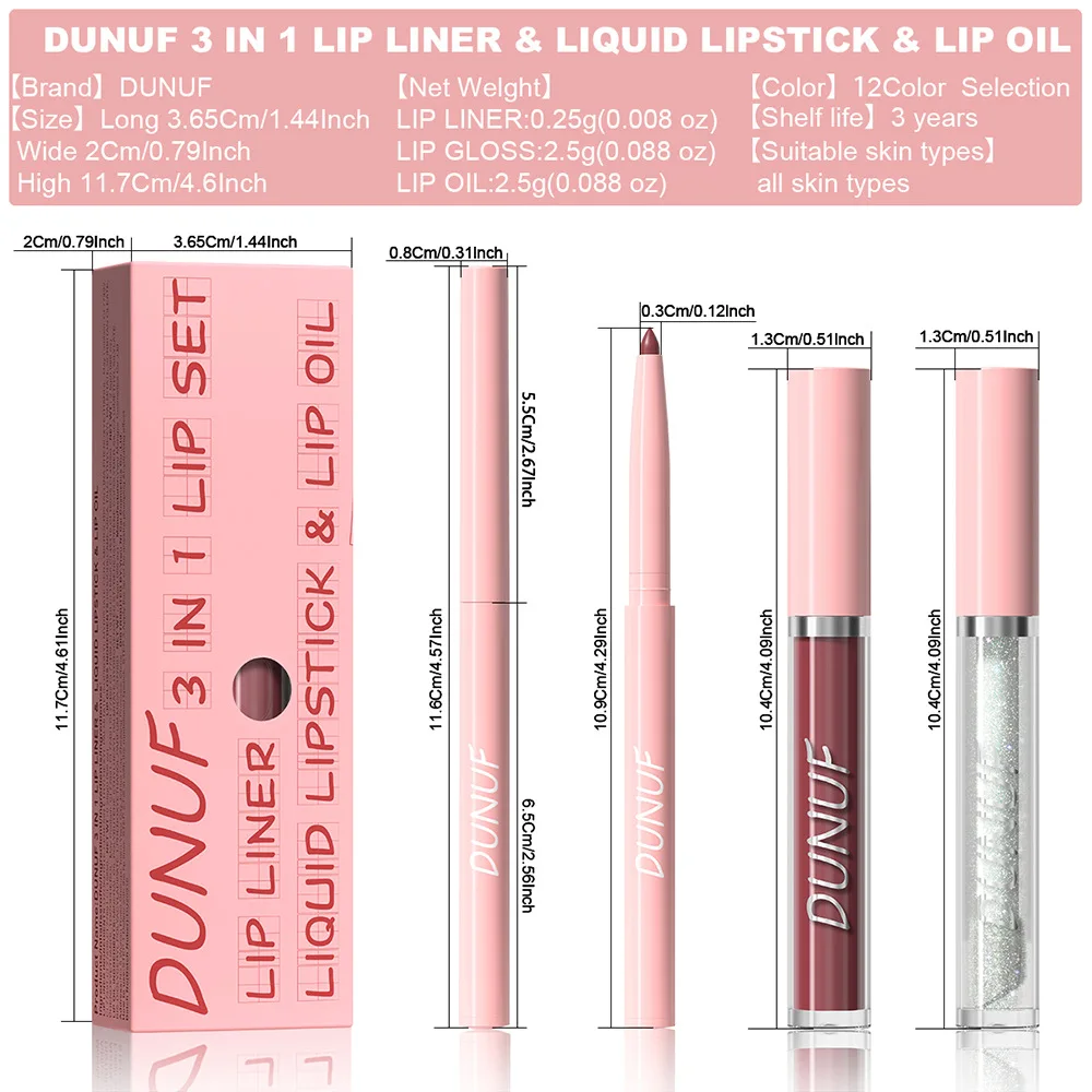 Description Picture 6 of item3Pc Rose Pink Matte Lipstick Set Waterproof Long Lasting Nude Brown Lip Liner Gloss Cheek Tint Oil Makeup Kit