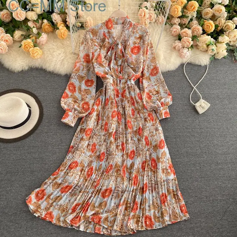 

New Sweet Style Women Nice Foreve Dress V-neck Print Contrast Color Pleated Puff Sleeve Dresses Spring Summer