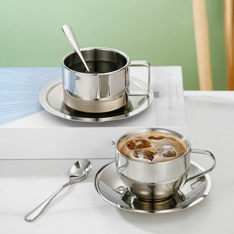 더블 레이어 내열성 커피 컵 세트, 스테인레스 스틸 티컵, 플레이트 및 스푼 포함, 180ml, 200ml
