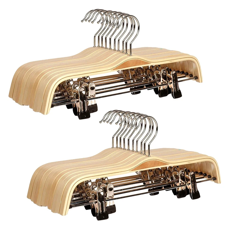 

20 Pack Solid Finish Wooden Trousers/Skirt Hangers With Anti-Rust Clips Coat Clothes Hangers