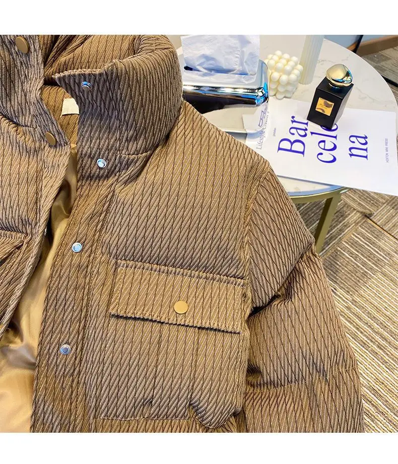 2023 Women Winter Short Down Jacket Streetwear Stand Collar Single Breasted Striped Padded Coats Warm Parkas Ladies Outerwear