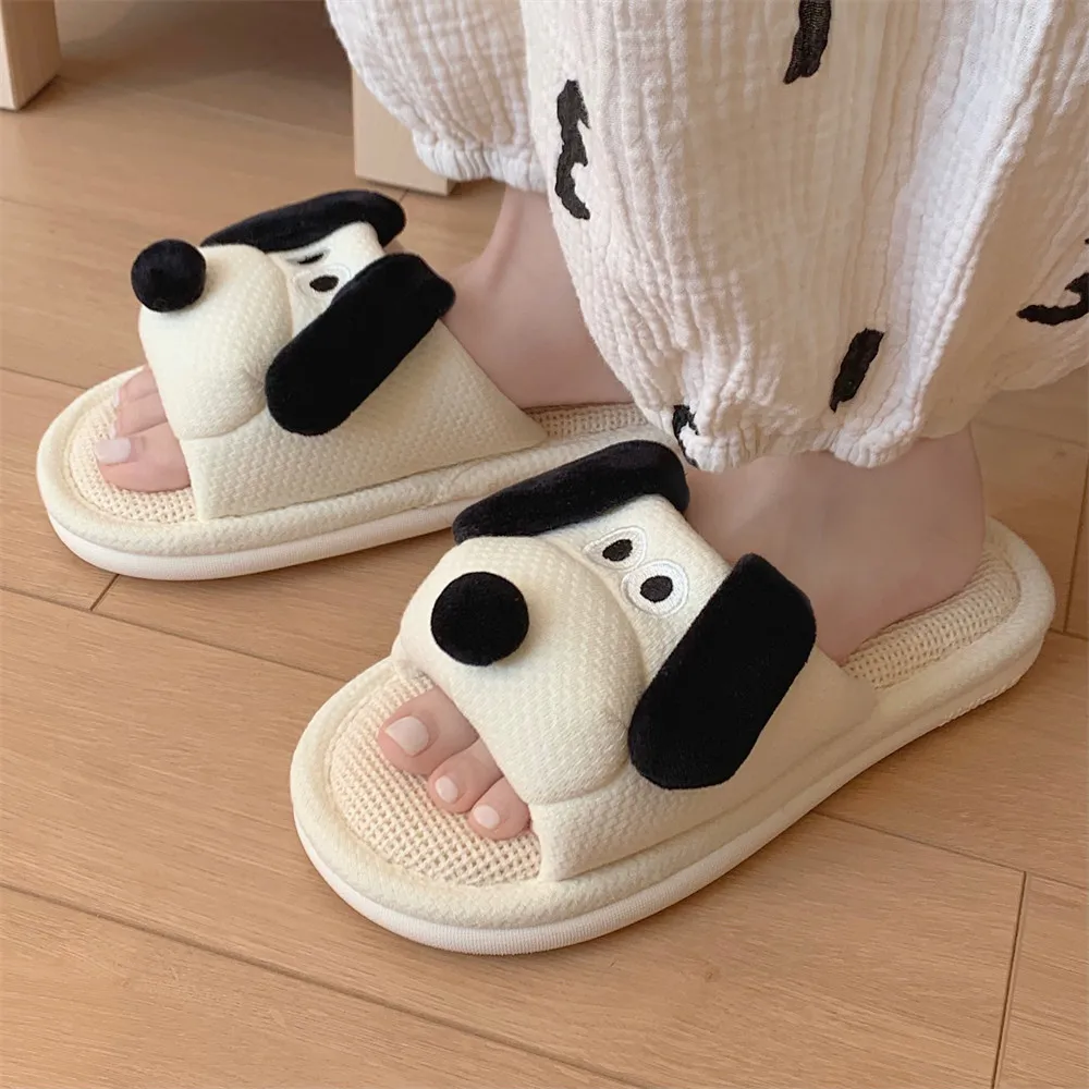 Ladies Soft Sole Casual Couple Style New Shoes Ventilated Comfortable Cute Puppy Pattern Design Non-slip Linen Home Slippers — view 2