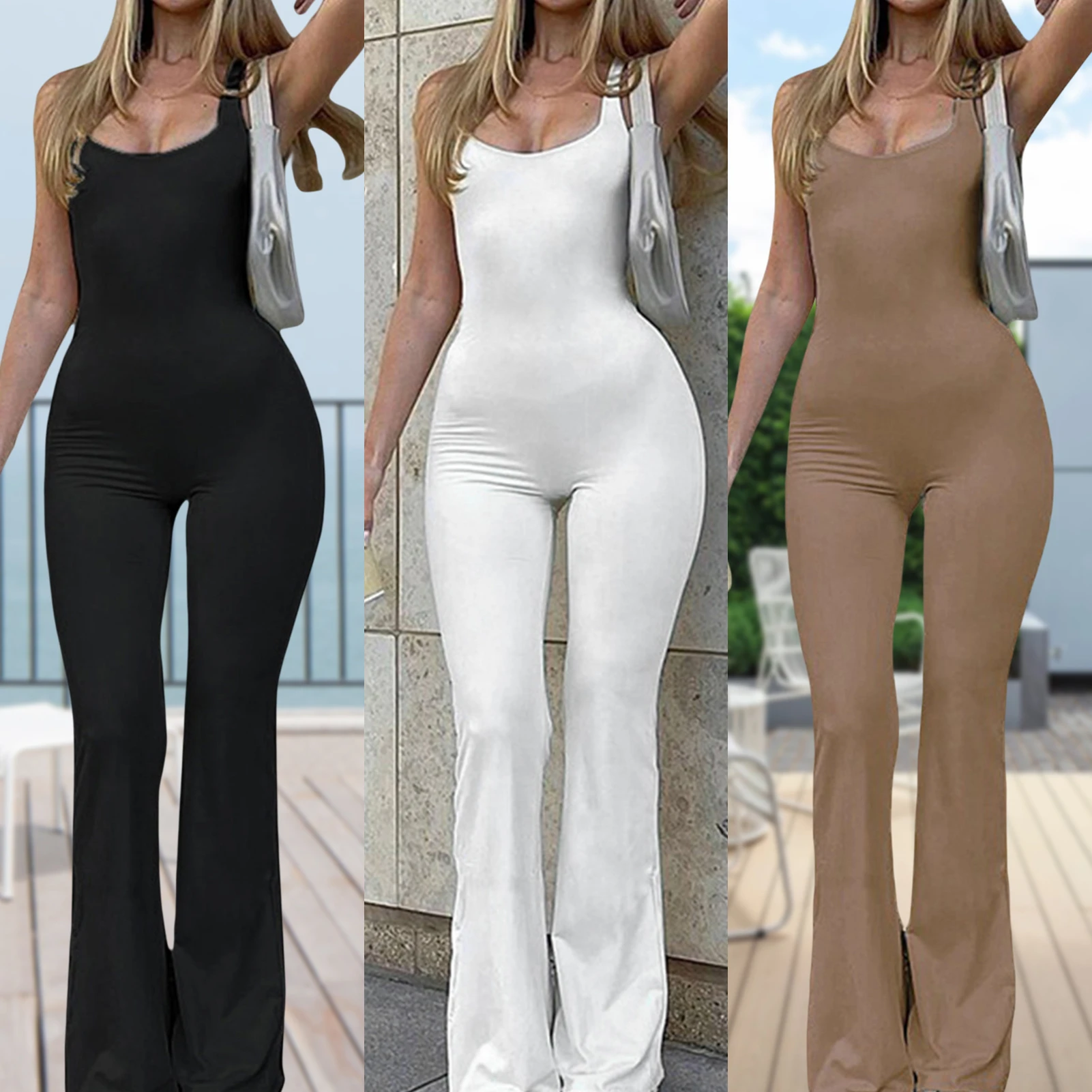 Sling Sport Jumpsuit Solid Color One Piece Bodysuits Flared Pants ...