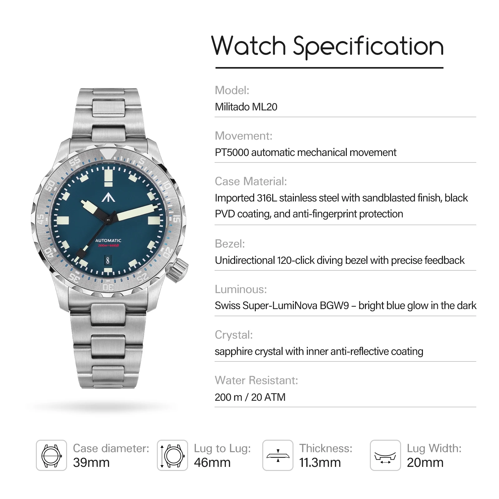Militado ML20 Automatic Mechanical Watch | 39mm Luxury 200M Dive Watch