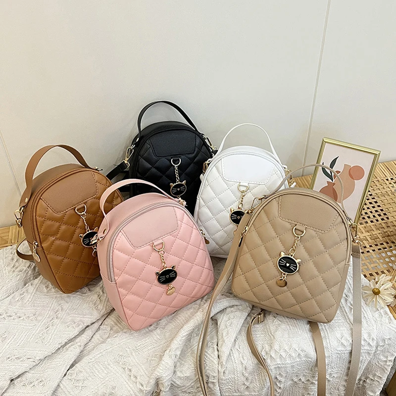 Fashionable And Magnificent Lingge Embroidered Cat Head Pendant Backpack Personalized Small One Shoulder Crossbody Bag