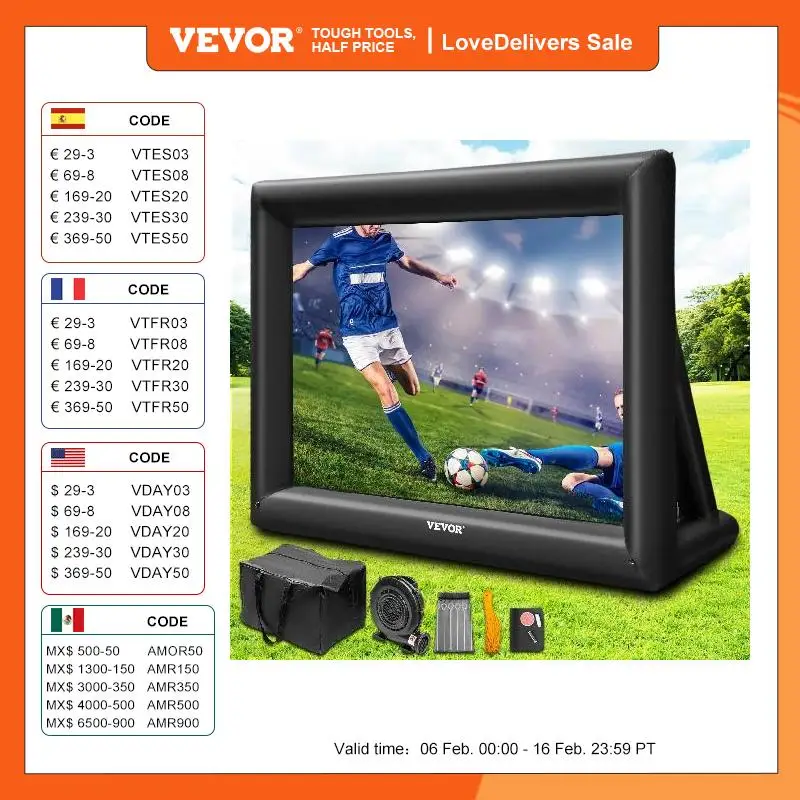Vevor 20Ft Schermo Gonfiabile Per Proiettore Cinematografico Con Aeratore Lavabile 16:9 Home Cinema Campeggio Matrimonio Uso Esterno Spedizione Gratui
