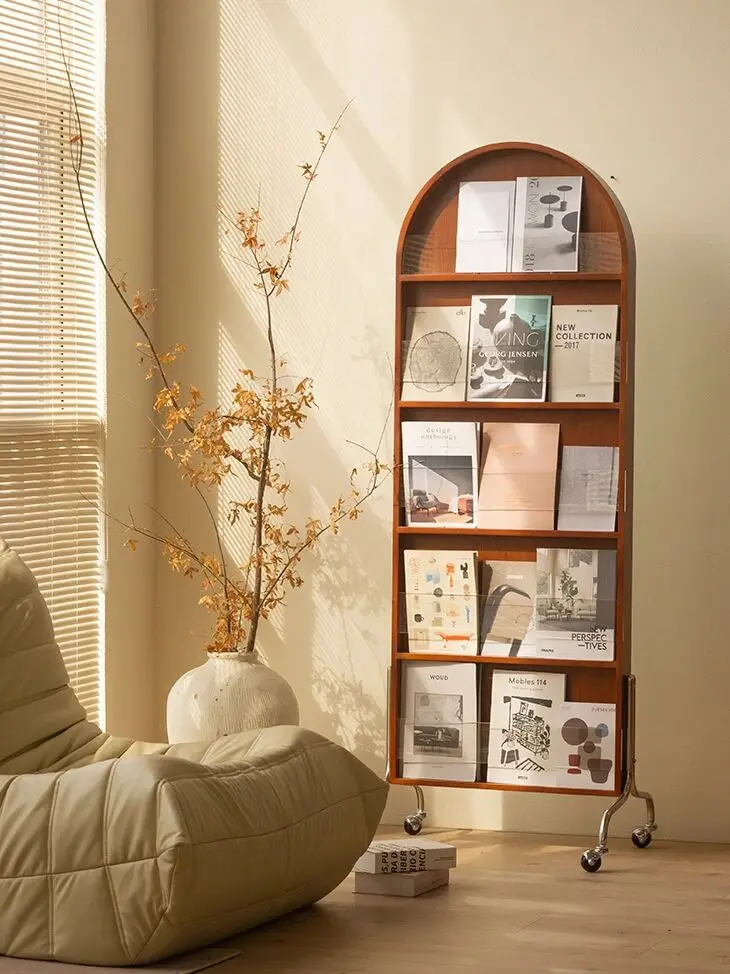 

Solid wood mirror full-length mirror floor household fitting mirror bedroom movable with magazine rack Nordic book and newspaper