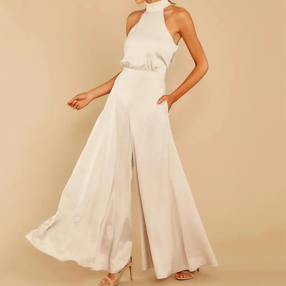 

Soft Jumpsuit Elegant Off-shoulder Women's Jumpsuit with Halter Neck Wide Leg Featuring High Waist Deep Crotch for Parties