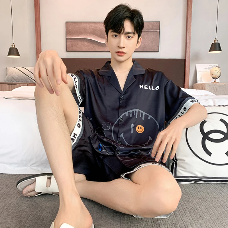 Korean Fashion Cardigan Ice Silk Homewear For Men Summer Thin Home Clothes Plus Size Pijamas Set Male Nightwear Freeship