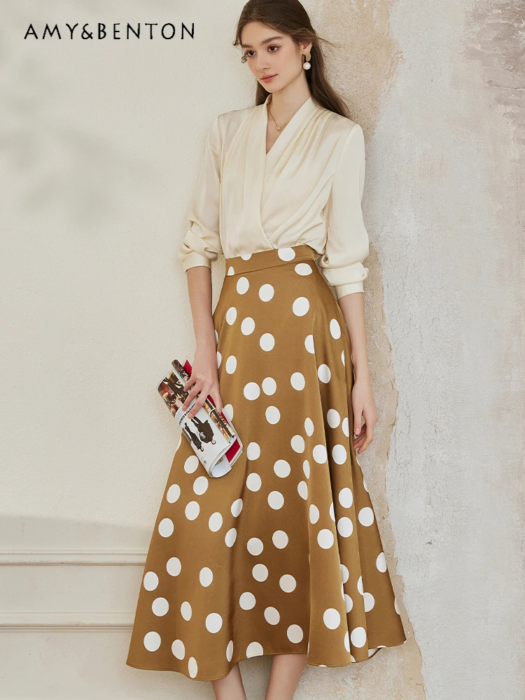 French Elegance Retro Dots Shirt Satin Skirt Two-Piece Sets Womens Outfits 2024 Spring New Graceful Fashion Slim Skirt Sets