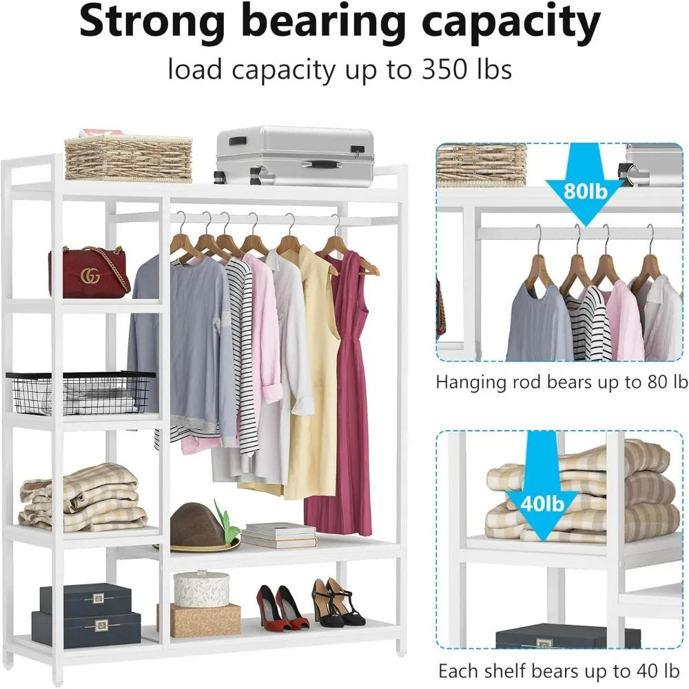 Sturdy Wooden Freestanding Clothes Closet with Shelves and Hanging Bars