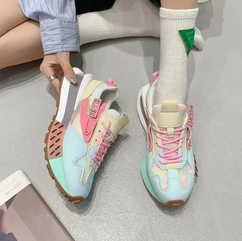 2023Shoes for Women Breathable Women's Sneakers Color Blocking Thick Sole Vulcanized Shoes Pink Fashion Casual Brand Shoes 4