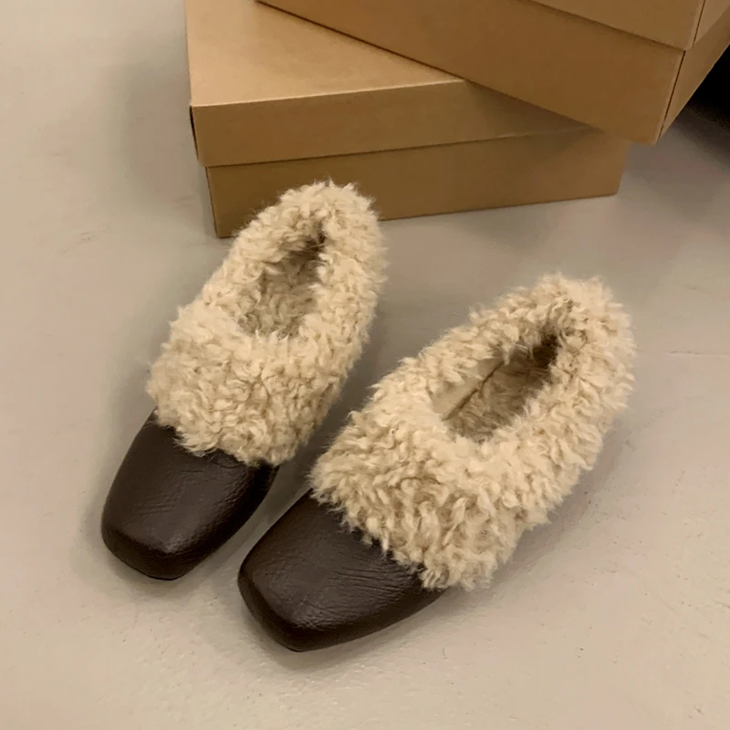 Aphixta 5cm Height Increasing Woman Casual Shoes Furry Slip On Square Toe Fashion Warm Woman Autumn Winter Flats Shoes