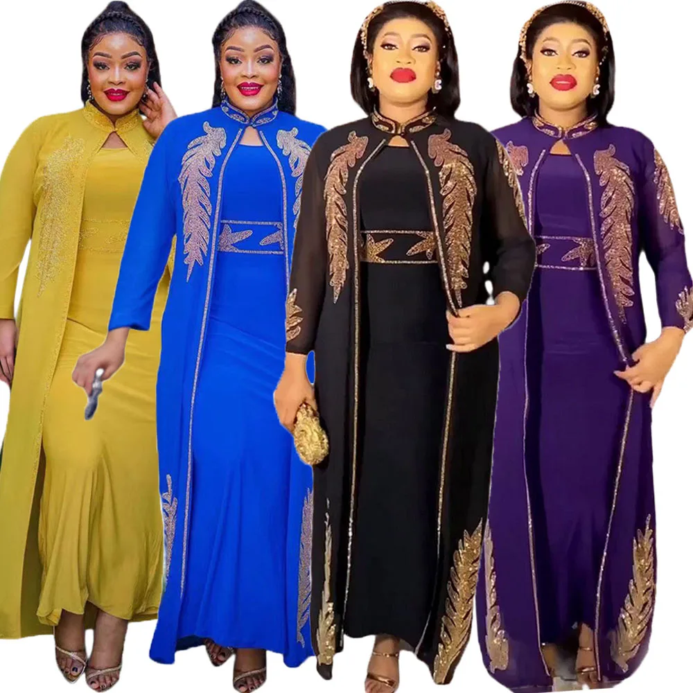 

2pcs African Dresses for Women Diamonds Open Cardigan Bodycon Dress Evening Party Gown Ankara Dashiki Kaftan Abaya Matching Suit